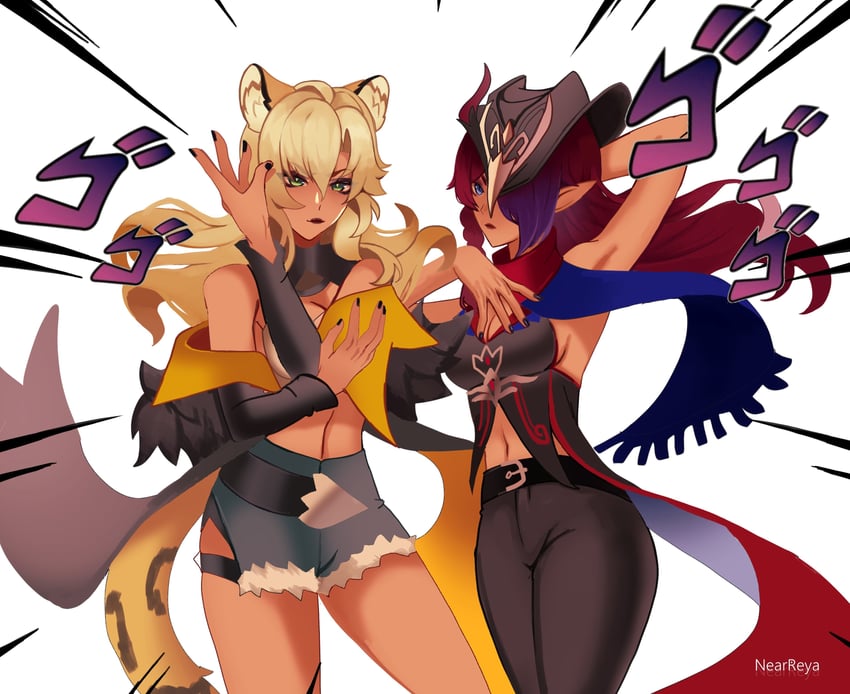 xilonen and chasca (genshin impact and 1 more) drawn by by_nearreya