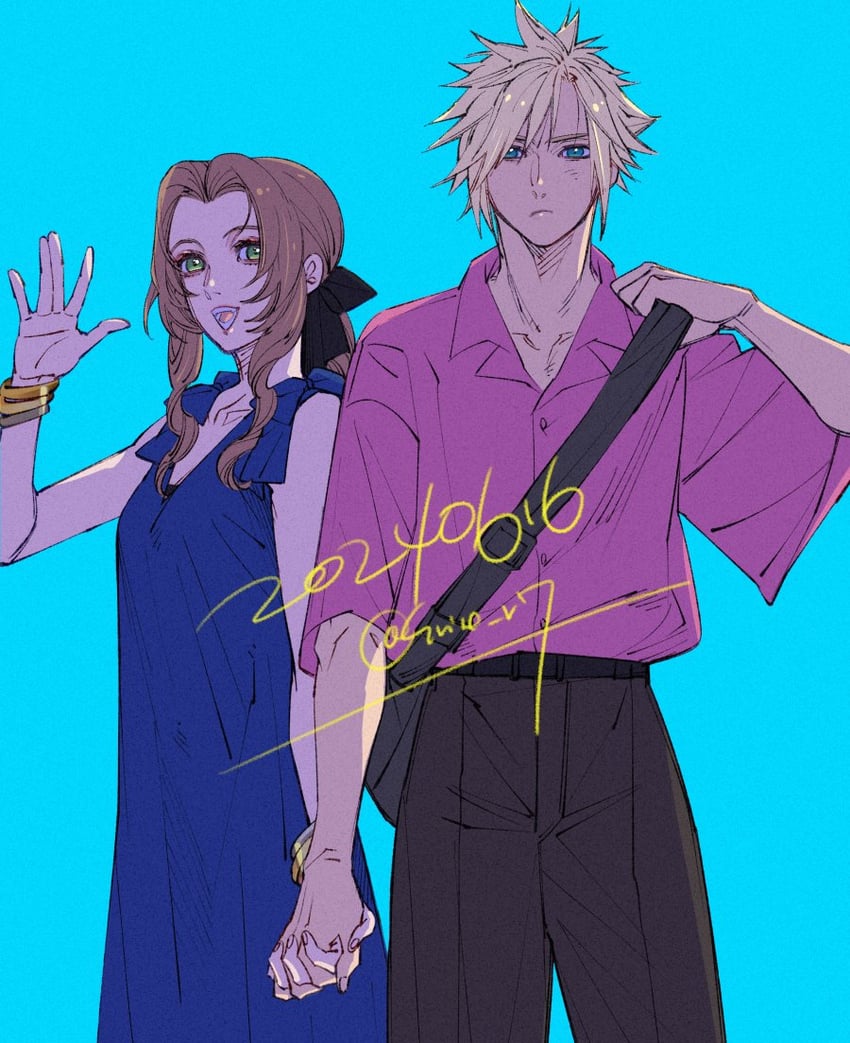 cloud strife and aerith gainsborough (final fantasy and 3 more) drawn by wakakusa-e