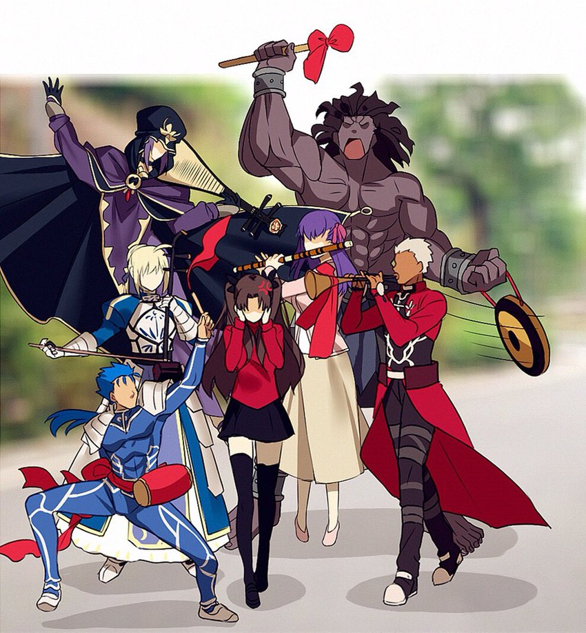 artoria pendragon, saber, tohsaka rin, matou sakura, cu chulainn, and 3 more (fate and 1 more) drawn by yaoshi_jun