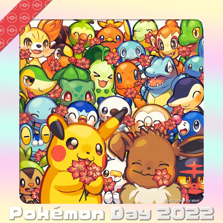 pikachu, eevee, rowlet, piplup, bulbasaur, and 21 more (pokemon) drawn by ekm