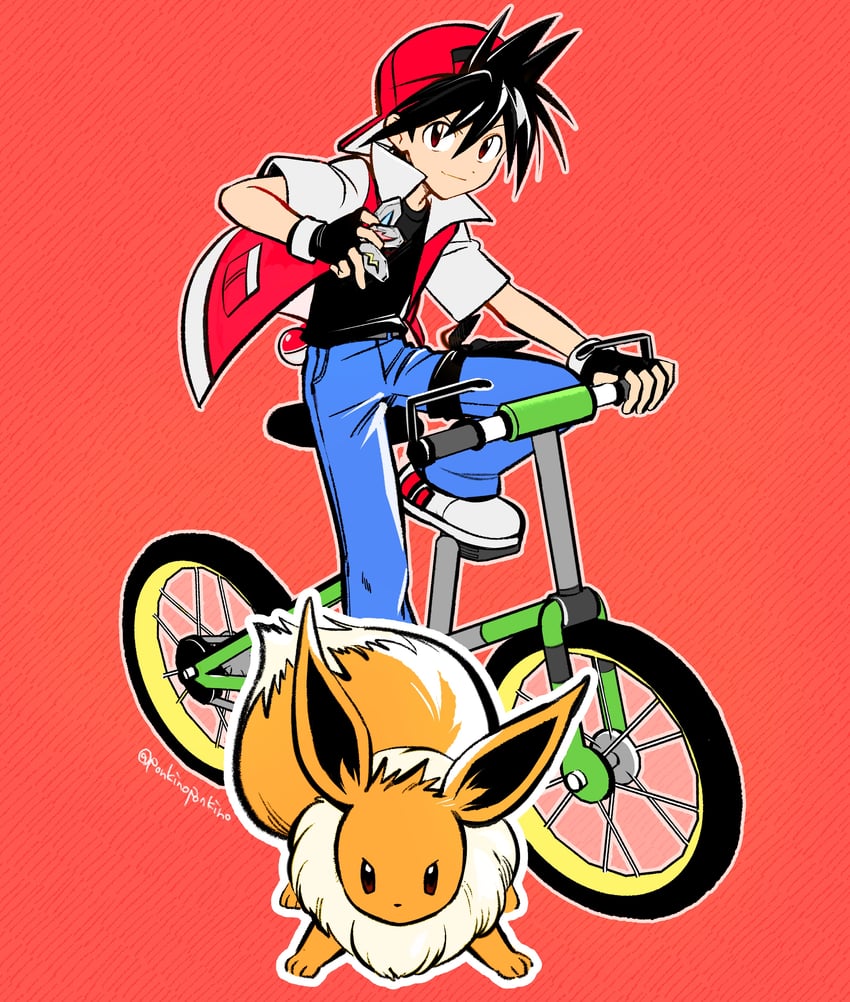 red and eevee (pokemon and 1 more) drawn by ponkinoponkino