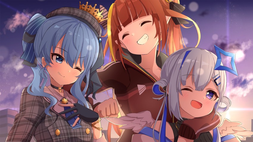 hoshimachi suisei, amane kanata, and kiryu coco (hololive) drawn by ame.