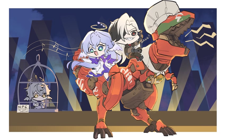 robin, sunday, boothill, and dreamjolt troupe's beyond overcooked (honkai and 1 more) drawn by potatotries