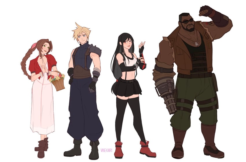 tifa lockhart, cloud strife, aerith gainsborough, and barret wallace (final fantasy and 2 more) drawn by vanekairi