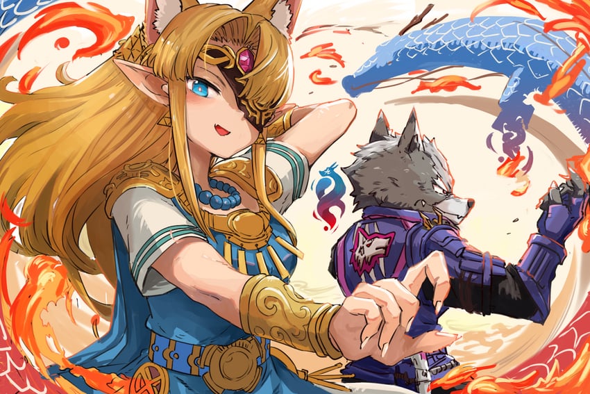 princess zelda and wolf o'donnell (the legend of zelda and 2 more) drawn by ishijimajirou