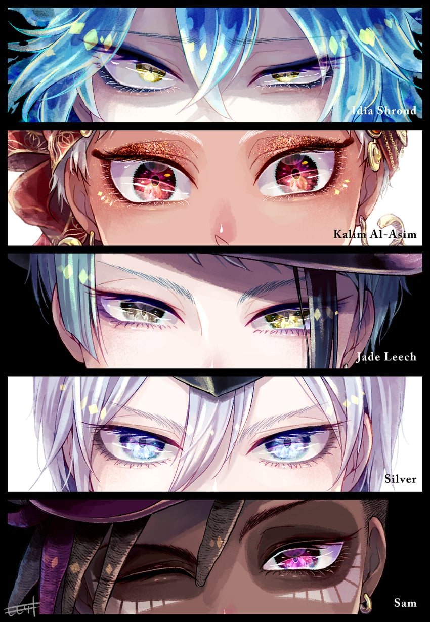 jade leech, idia shroud, kalim al-asim, silver vanrouge, and sam (twisted wonderland) drawn by momosaki_hiromu