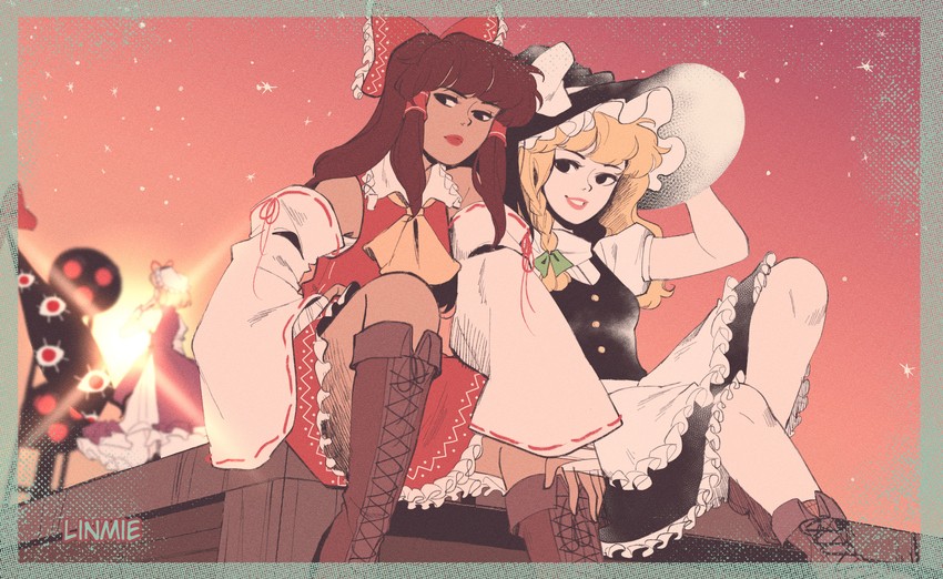 hakurei reimu, kirisame marisa, and yakumo yukari (touhou) drawn by pixie_(milkywaypixies)