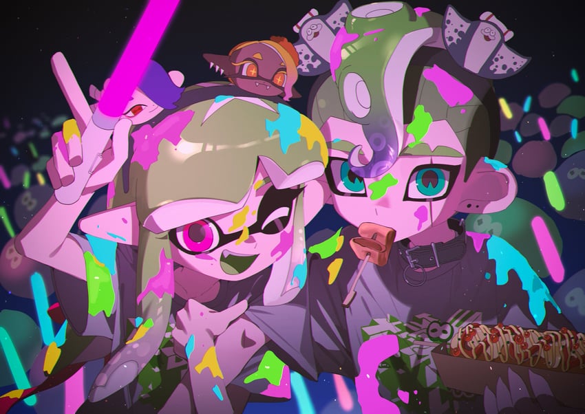 inkling player character, inkling girl, octoling player character, shiver, frye, and 3 more (splatoon and 1 more) drawn by namazuoku