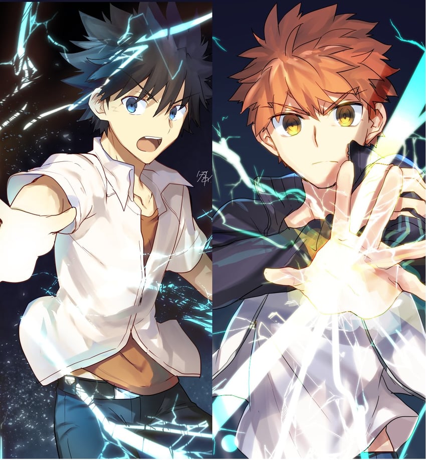 emiya shirou and kamijou touma (fate and 2 more) drawn by nikame
