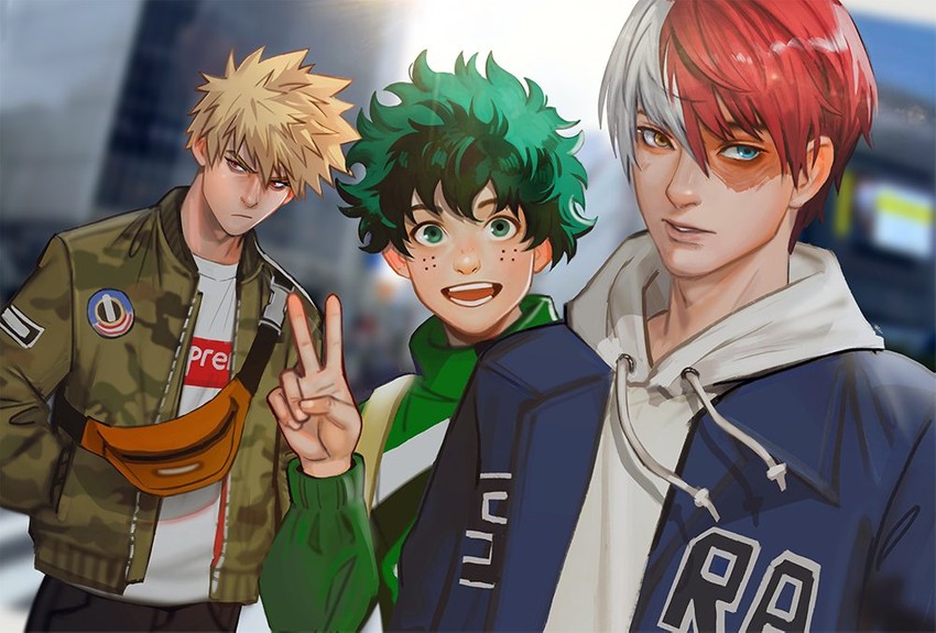 midoriya izuku, bakugou katsuki, and todoroki shoto (boku no hero academia) drawn by mistermagnolia