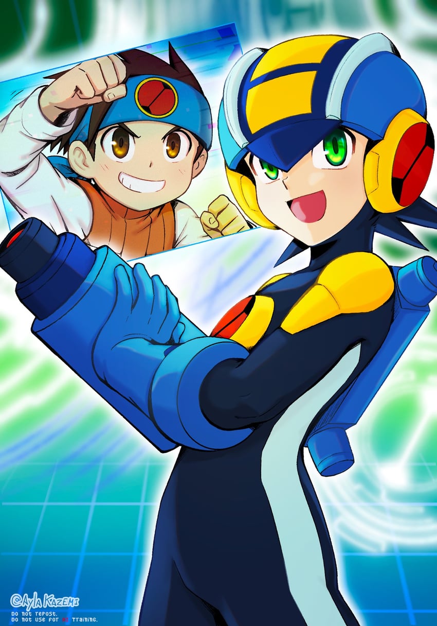 megaman.exe and lan hikari (mega man and 1 more) drawn by ayla_kazemi