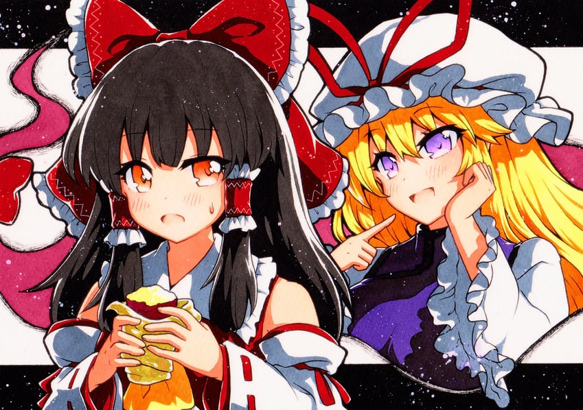 hakurei reimu and yakumo yukari (touhou) drawn by rinka_(qqqrinkappp)