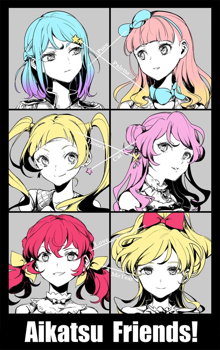 yuki aine, minato mio, hinata ema, asuka mirai, chono maika, and 1 more (aikatsu! and 1 more) drawn by shiontaso