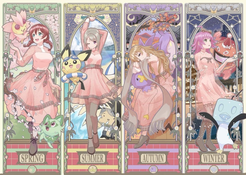 rotom, tennoji rina, nakasu kasumi, sprigatito, emma verde, and 6 more (pokemon and 2 more) drawn by orange-pengin