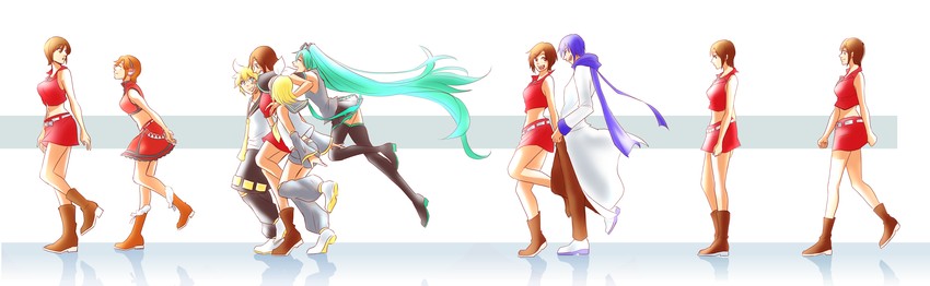 hatsune miku, kagamine rin, kagamine len, kaito, and meiko (vocaloid) drawn by d.g