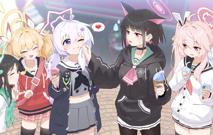 kazusa, natsu, yoshimi, reisa, and airi (blue archive) drawn by n4gare_b0shi