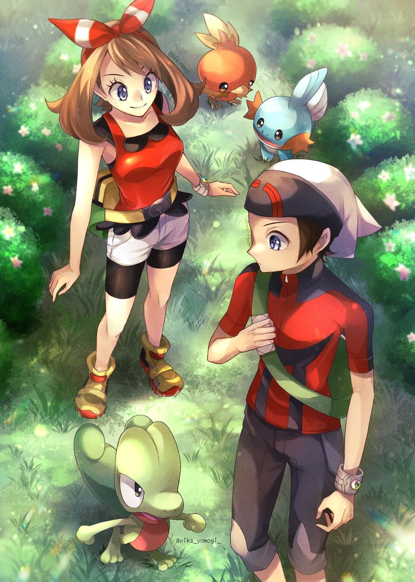 may, brendan, torchic, mudkip, and treecko (pokemon and 1 more) drawn by yomogi_(black-elf)