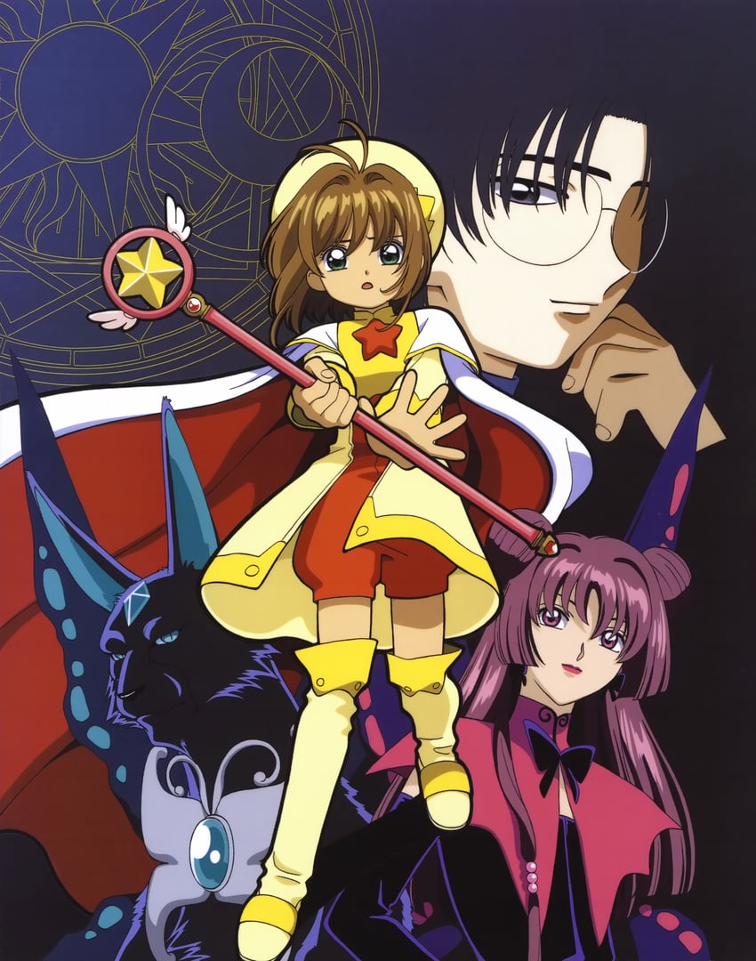 kinomoto sakura, hiiragizawa eriol, spinel sun, and ruby moon (cardcaptor sakura) drawn by fujita_mariko