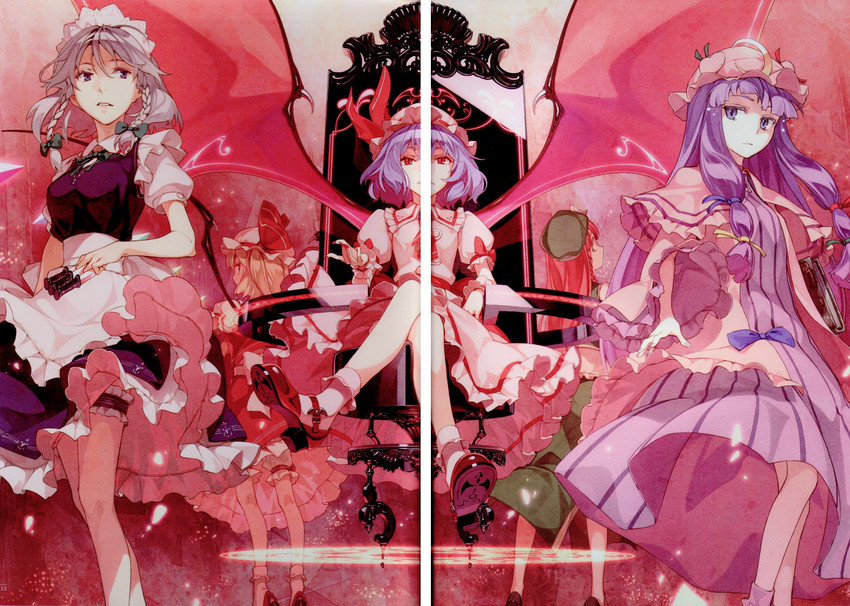 remilia scarlet, flandre scarlet, izayoi sakuya, patchouli knowledge, and hong meiling (touhou) drawn by hidari_(left_side)