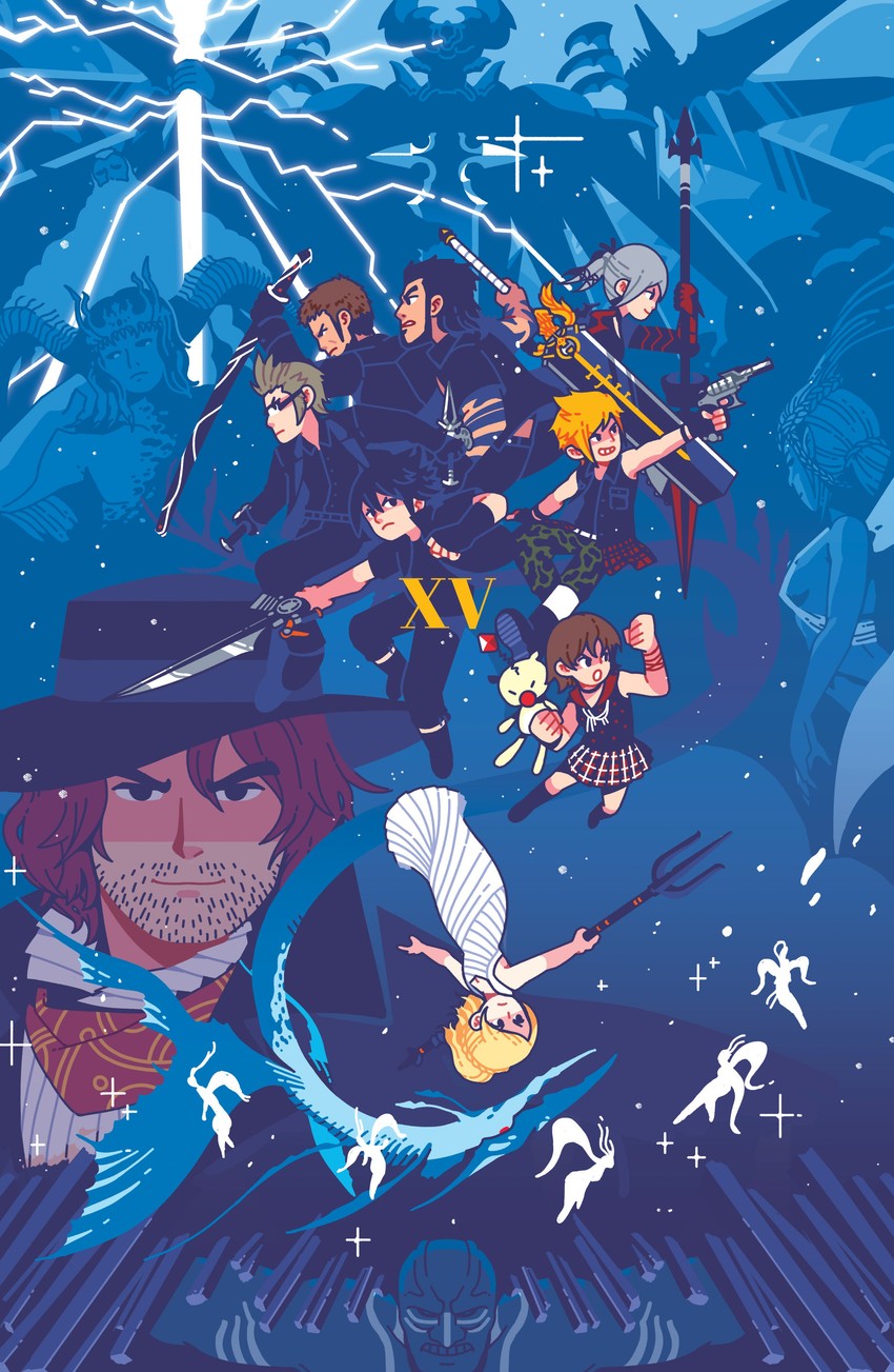 moogle, noctis lucis caelum, gladiolus amicitia, prompto argentum, ignis scientia, and 11 more (final fantasy and 1 more) drawn by byronb