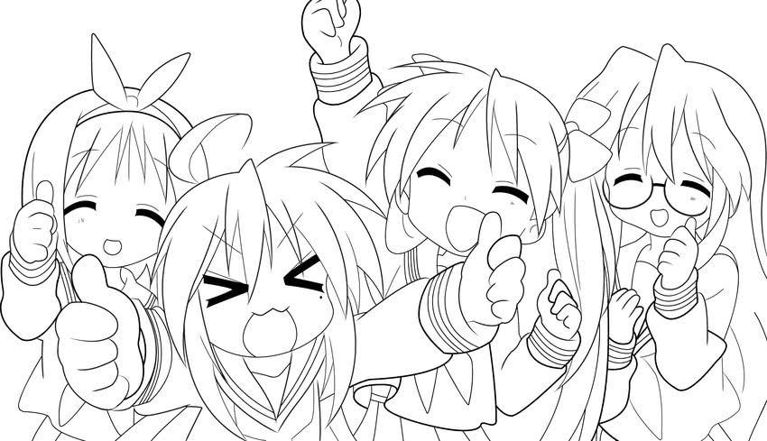 hiiragi kagami, izumi konata, hiiragi tsukasa, and takara miyuki (lucky star)