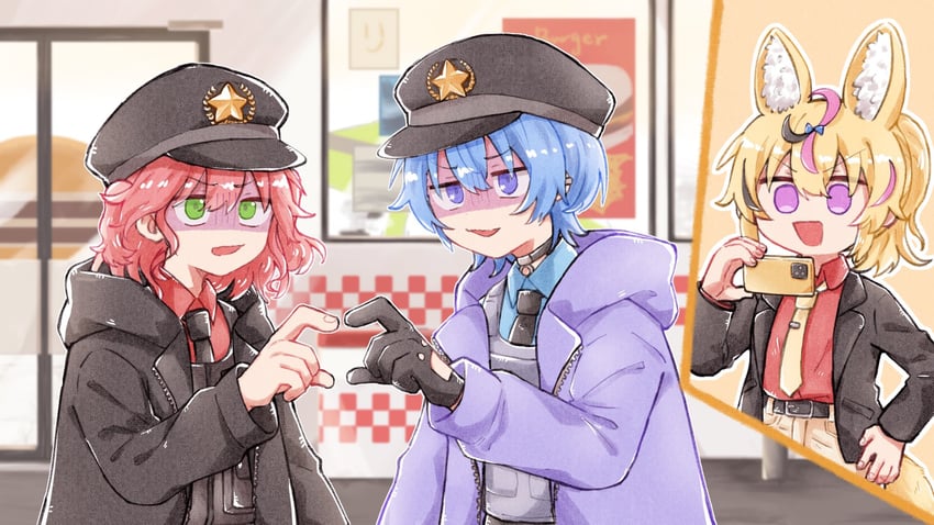 hoshimachi suisei, sakura miko, and omaru polka (hololive and 1 more) drawn by ichigo_(lb450232)
