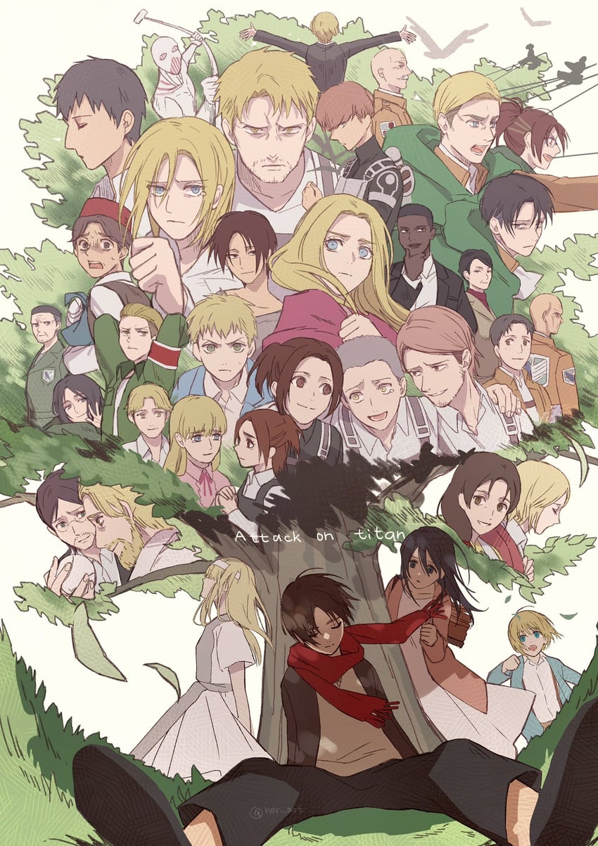 mikasa ackerman, eren yeager, levi, krista lenz, ymir, and 31 more (shingeki no kyojin) drawn by neri_aot
