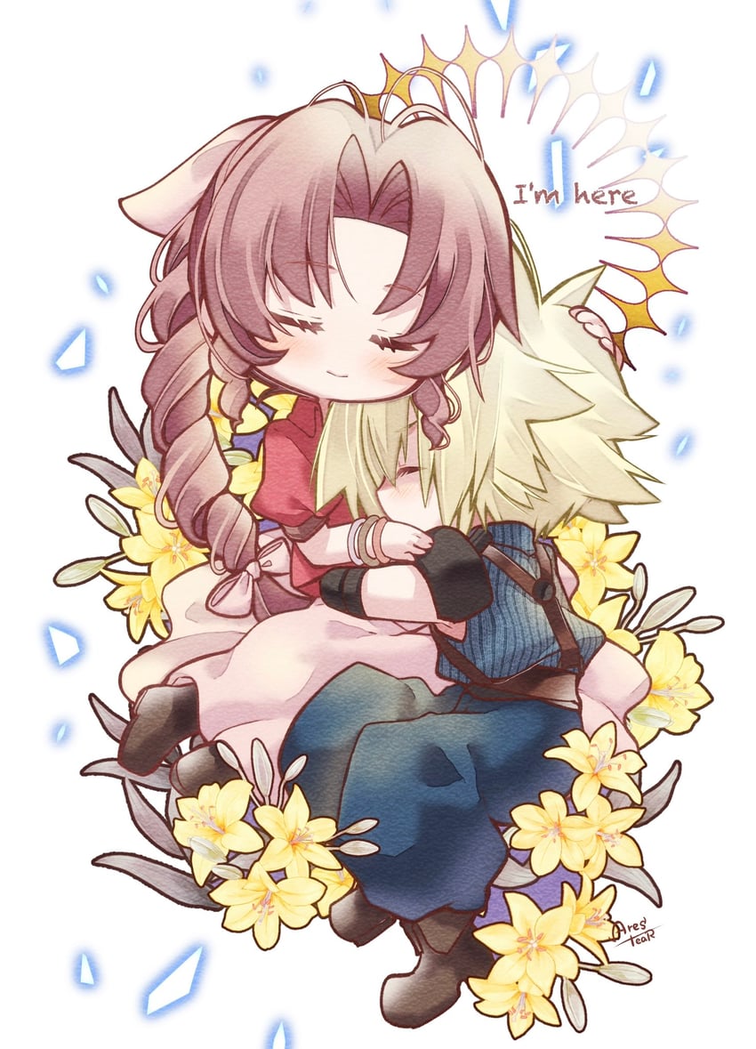 cloud strife and aerith gainsborough (final fantasy and 3 more) drawn by arestear0701