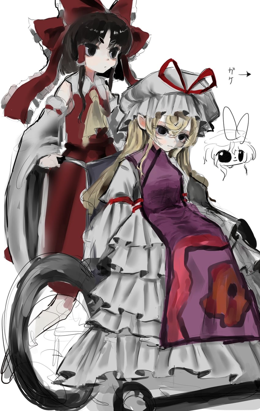 hakurei reimu and yakumo yukari (touhou) drawn by haniwa_kue