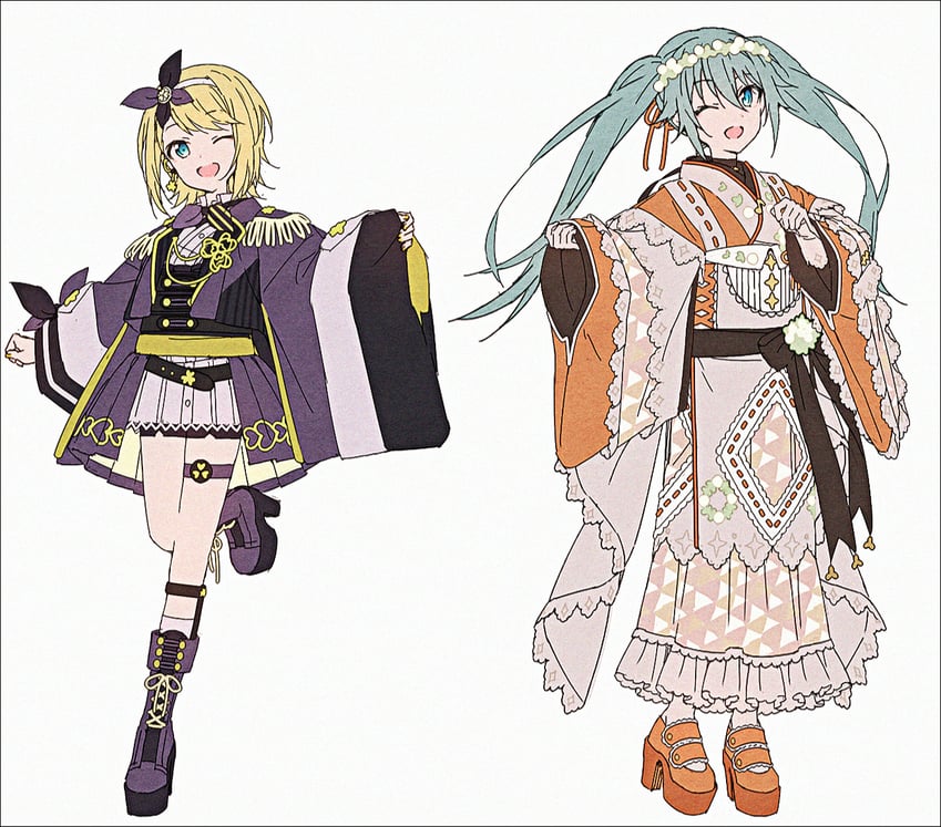 hatsune miku, kagamine rin, more more jump! miku, and more more jump! rin (vocaloid and 1 more) drawn by hakusai_(tiahszld)