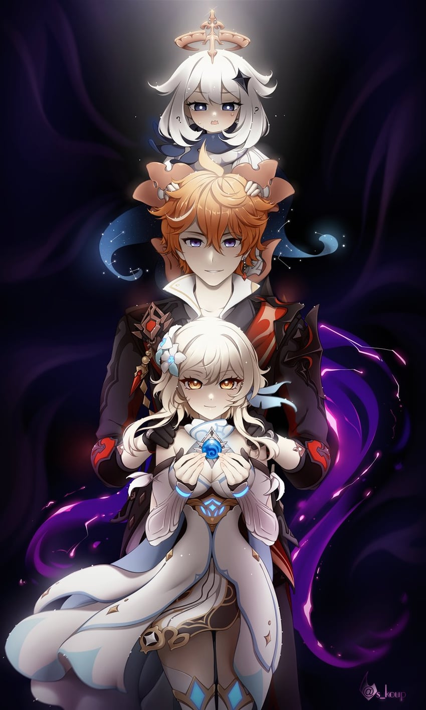 lumine, paimon, and tartaglia (genshin impact) drawn by shailo