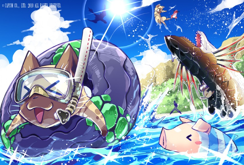 rathalos, poogie, and plesioth (monster hunter) drawn by fuse_ryuuta