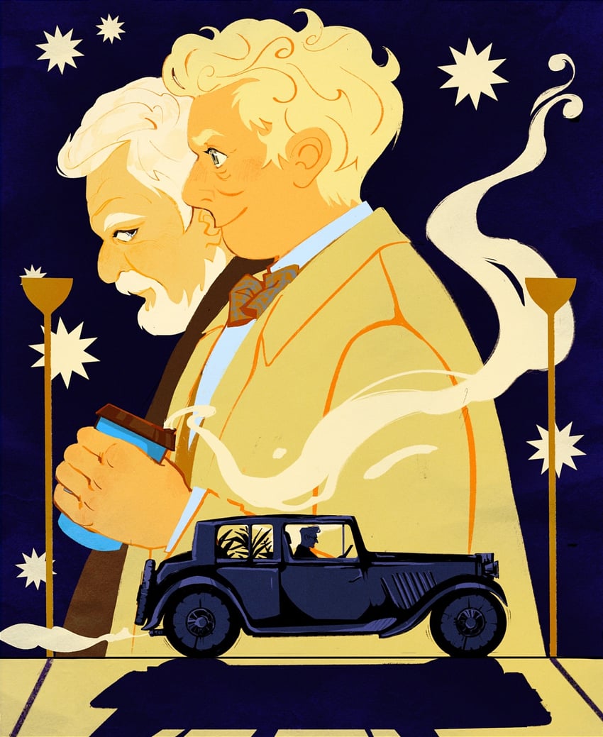 crowley, aziraphale, and the metatron (good omens) drawn by risariba