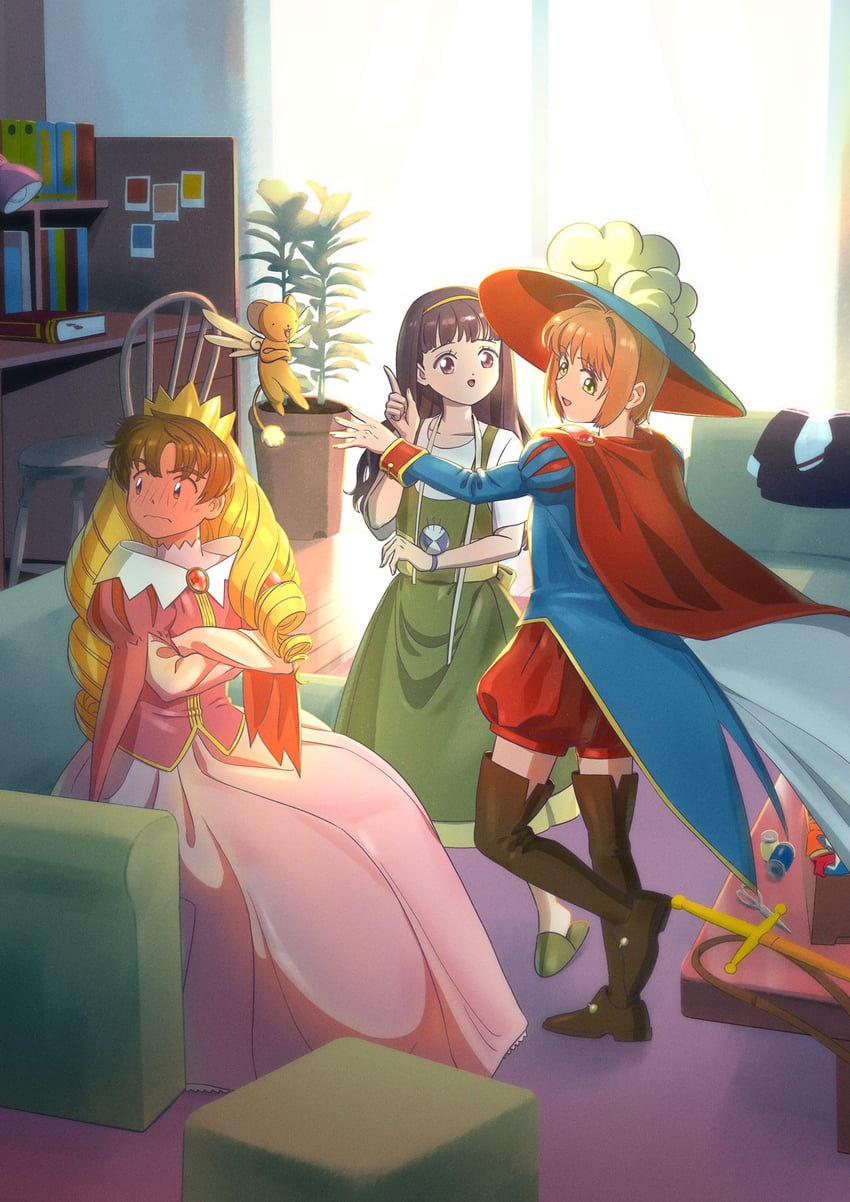 kinomoto sakura, kero, daidouji tomoyo, and li syaoran (cardcaptor sakura) drawn by mwoji