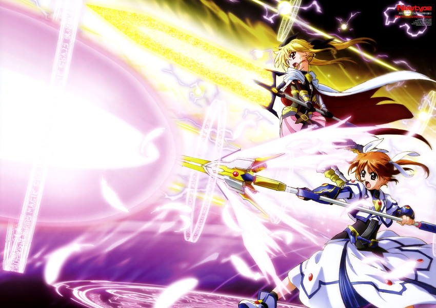 fate testarossa, takamachi nanoha, raising heart, and bardiche (lyrical nanoha and 3 more) drawn by kiso_yuuta