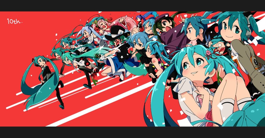hatsune miku, yuki miku, sakura miku, magical mirai miku, and hachune miku (vocaloid and 9 more) drawn by satou_asuka