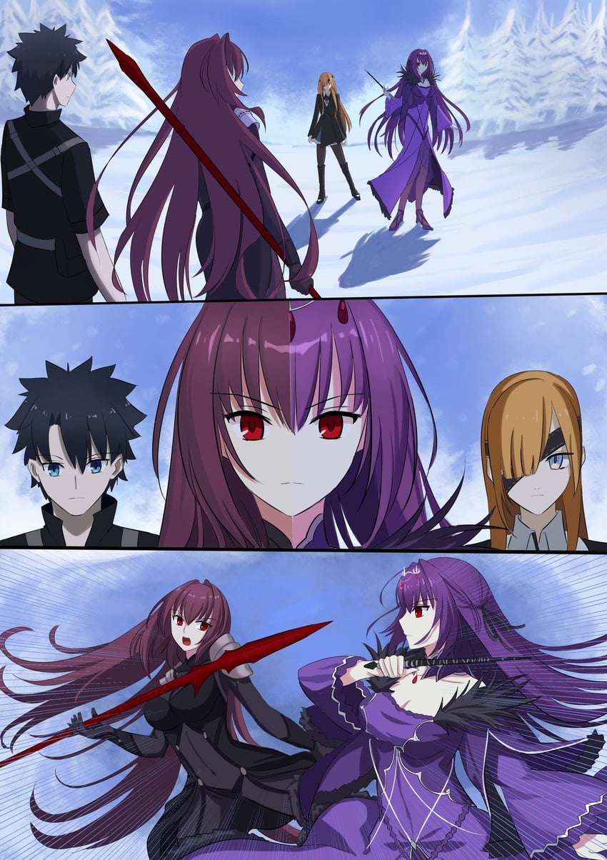 fujimaru ritsuka, scathach, scathach skadi, and ophelia phamrsolone (fate and 1 more) drawn by longdq3008