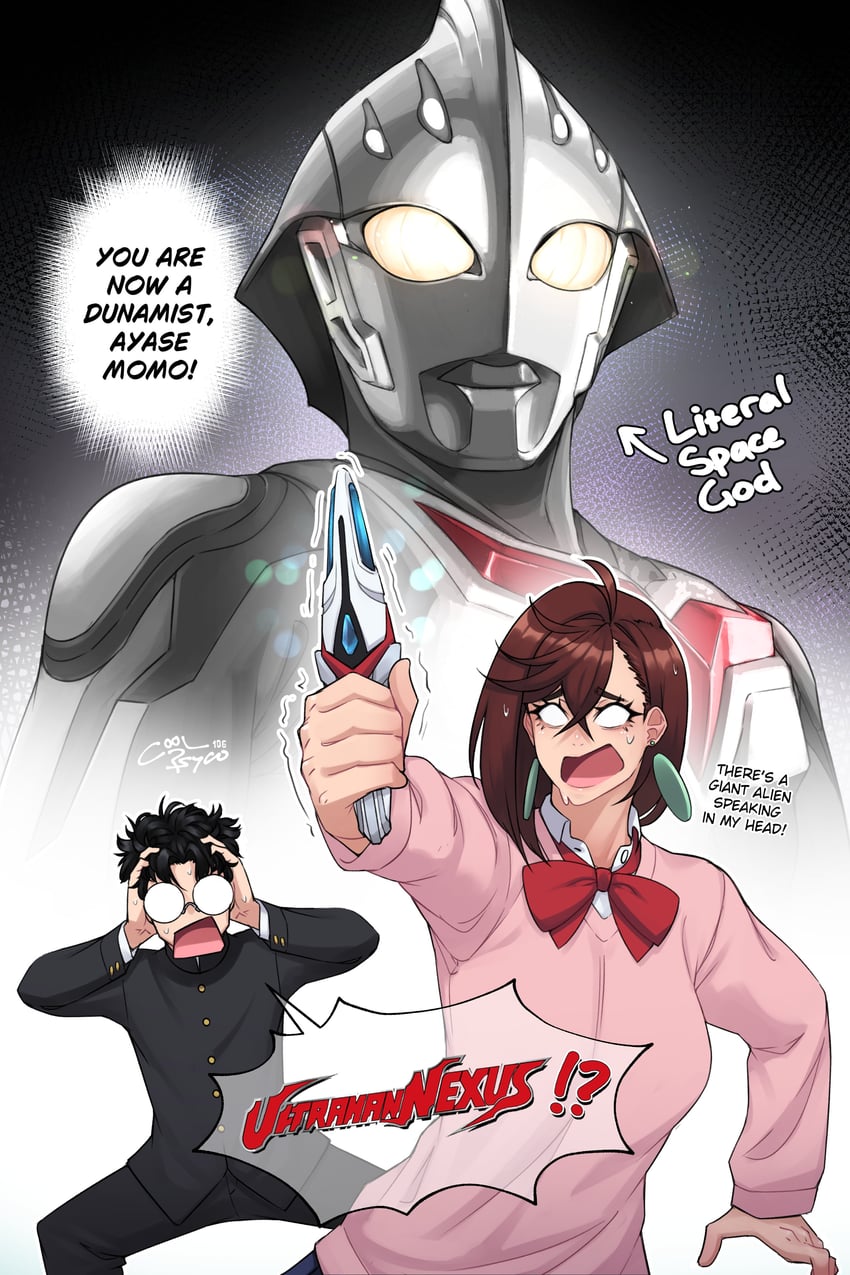 ayase momo, takakura ken, ultraman nexus, and ultraman nexus anphans (dandadan and 2 more) drawn by coolpsyco