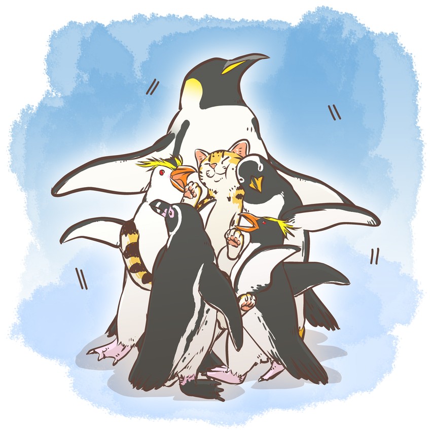 emperor penguin, humboldt penguin, royal penguin, rockhopper penguin, gentoo penguin, and 1 more (kemono friends) drawn by taoi_(taoi58829762)