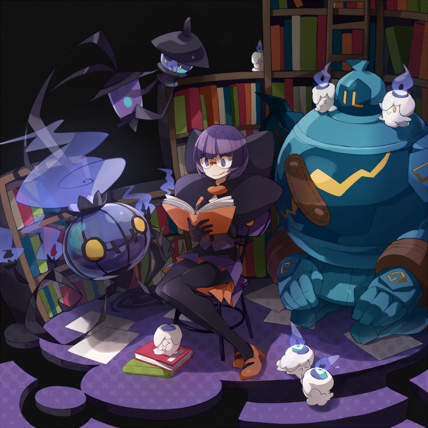 litwick, chandelure, shauntal, lampent, and golurk (pokemon and 1 more) drawn by pokoten_(pokoten718)