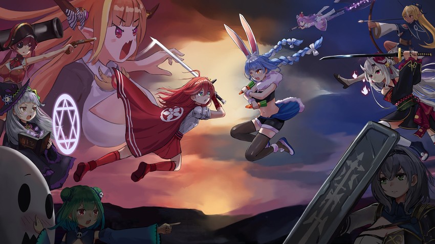 houshou marine, usada pekora, sakura miko, shirogane noel, murasaki shion, and 6 more (hololive) drawn by orobou