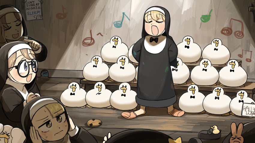 clumsy nun, spicy nun, glasses nun, hungry nun, star nun, and 1 more (little nuns) drawn by diva_(hyxpk)