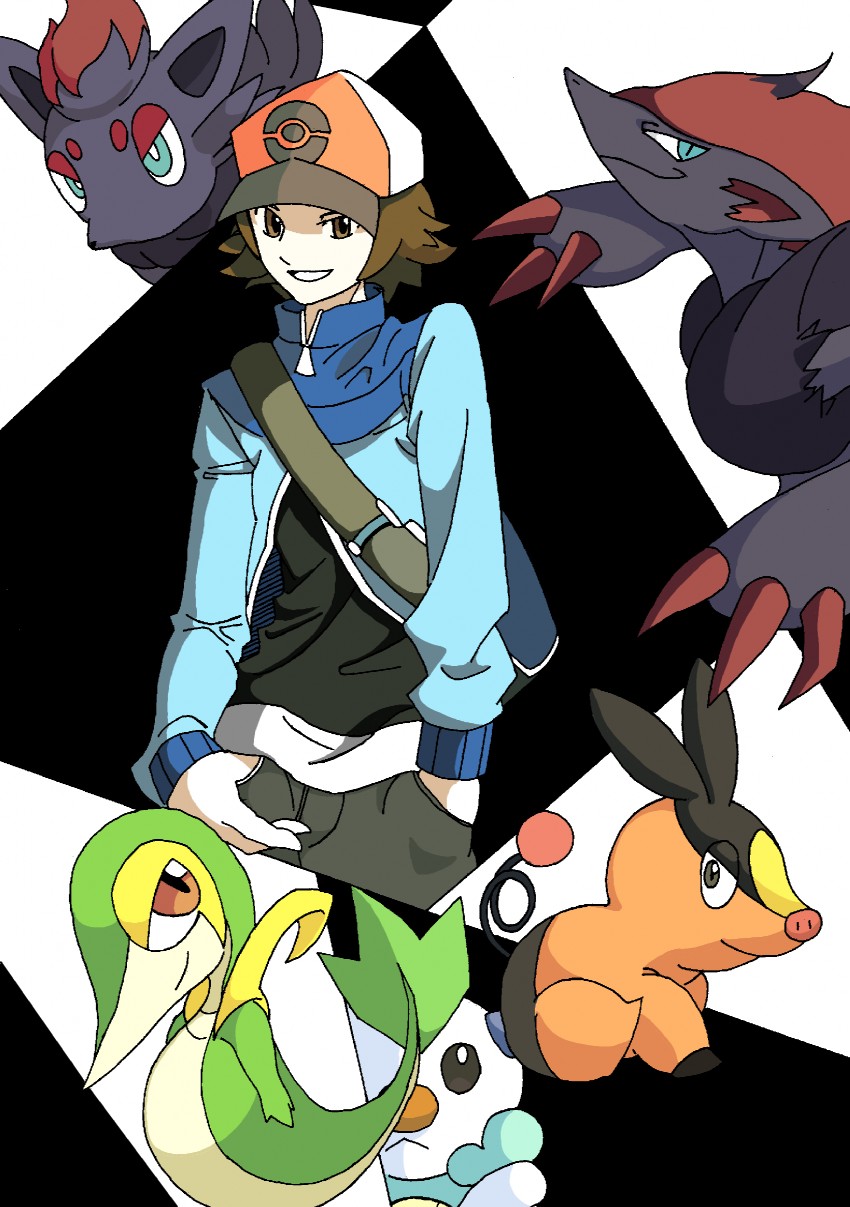 hilbert, oshawott, snivy, tepig, zorua, and 1 more (pokemon and 1 more) drawn by kazh_(kazu)