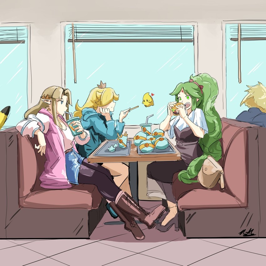 pikachu, princess zelda, cloud strife, rosalina, palutena, and 1 more (pokemon and 8 more) drawn by automatic_giraffe