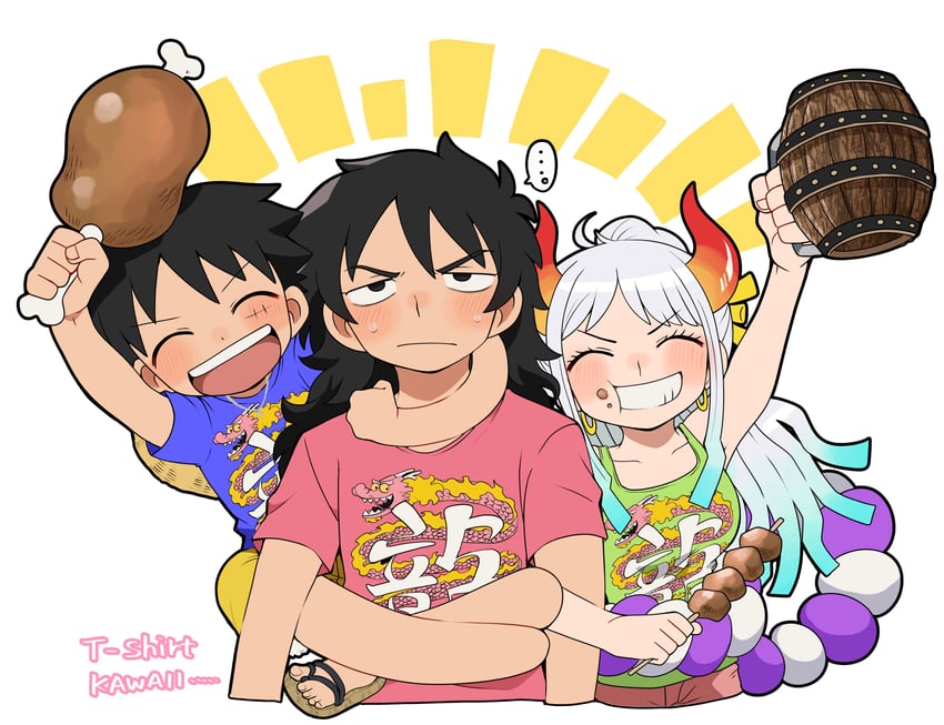 monkey d. luffy, yamato, and kouzuki momonosuke (one piece) drawn by hk_hr05