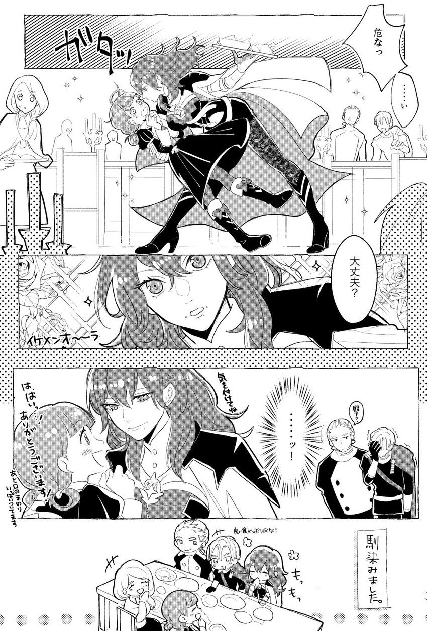female byleth, dimitri alexandre blaiddyd, mercedes von martritz, annette fantine dominic, and dedue molinaro (fire emblem and 1 more) drawn by kasu_(96ks_3h)