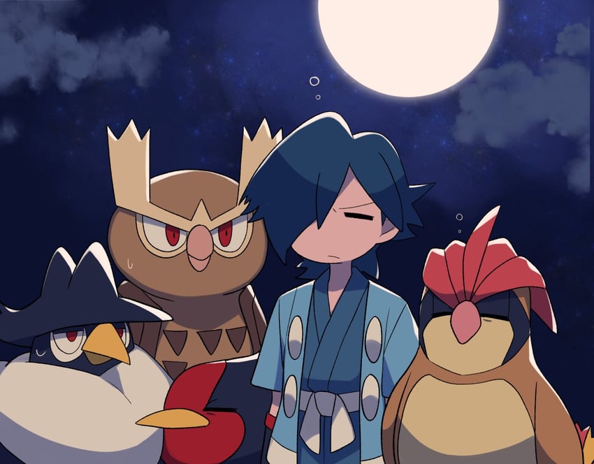 falkner, honchkrow, pidgeotto, noctowl, and swellow (pokemon and 1 more) drawn by tyako_089