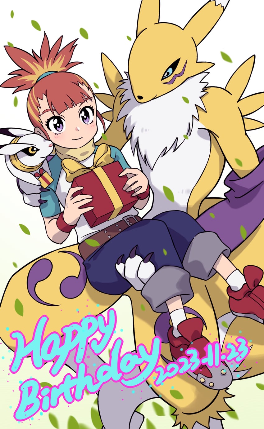renamon, makino ruki, and kudamon (digimon and 1 more) drawn by sanada_makomi