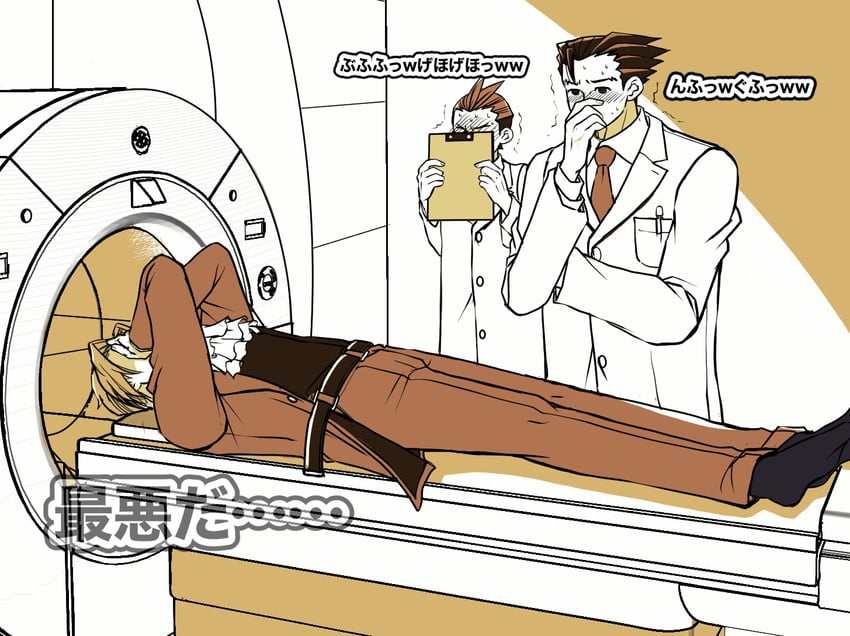 phoenix wright, miles edgeworth, and apollo justice (ace attorney and 1 more) drawn by ragi_(od6fine)