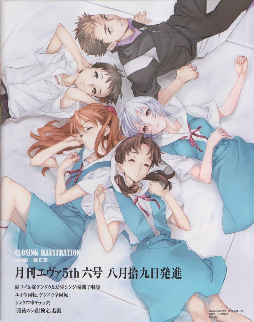souryuu asuka langley, ayanami rei, ikari shinji, horaki hikari, and suzuhara touji (neon genesis evangelion) drawn by nishieda